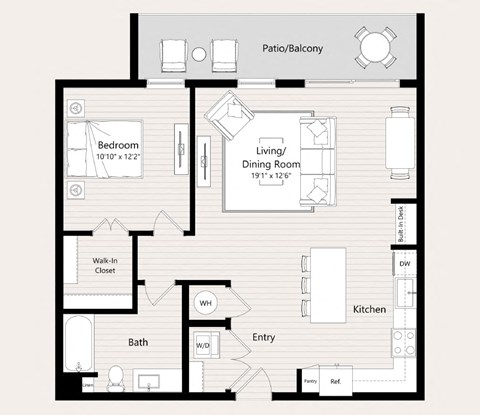 Floor plan for 1 bed, 1 bath, 850 sqft